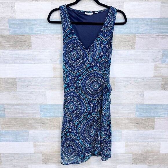 NEW YORK & COMPANY Medallion Print Ruffle Wrap Mesh Dress Womens Small - Picture 2 of 8